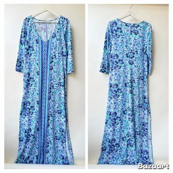 Lilly Pulitzer Maxi Dress Pima Cotton Iris Lion Print – Blue/White (Size M) - Picture 2 of 9
